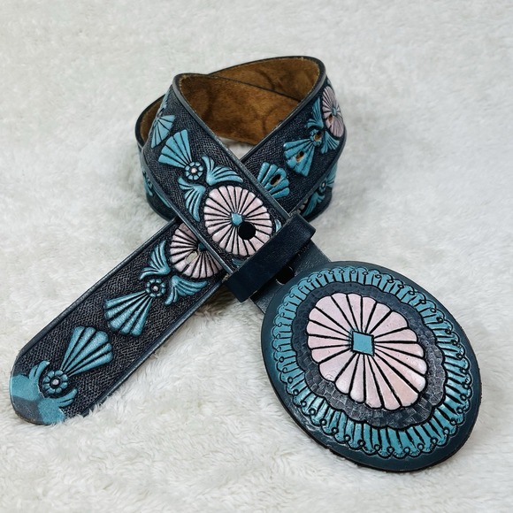 Vintage Chambers Belt Womens 32 Tooled Leather Gray Turquoise Pink Phoenix AZ
